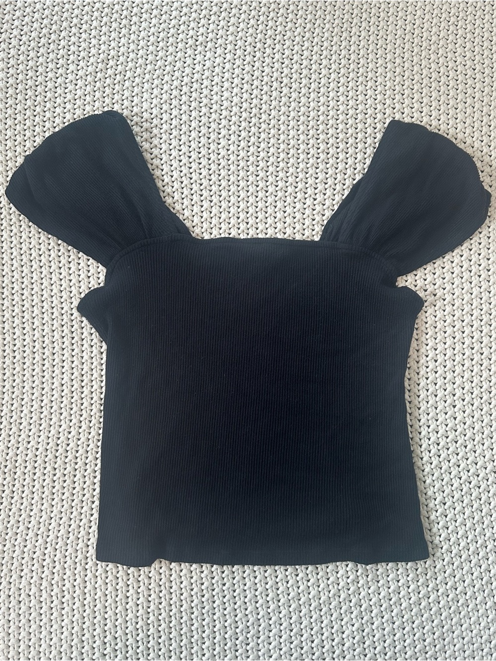 By Anthropologie Women’s Size L Black Ribbed Tank Top with Puff Sleeves Y2K